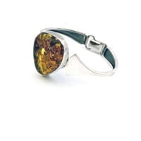 Green Amber Wide Silver Band Cuff Bracelet
