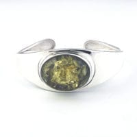 Green Amber Wide Silver Band Open Cuff Bracelet