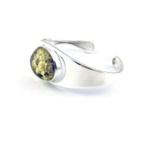 Green Amber Wide Silver Band Open Cuff Bracelet
