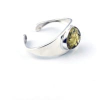 Green Amber Wide Silver Band Open Cuff Bracelet