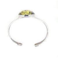 Green Amber Wide Silver Band Open Cuff Bracelet