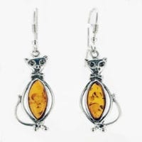 Lovely Cognac Amber Cat Design Dangling Earrings