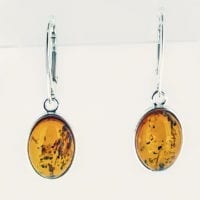 Simple Oval Cognac Amber Set In Sterling Silver Dangling Earrings