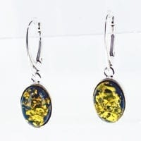 Simple Oval Green Amber Set In Sterling Silver Dangling Earrings
