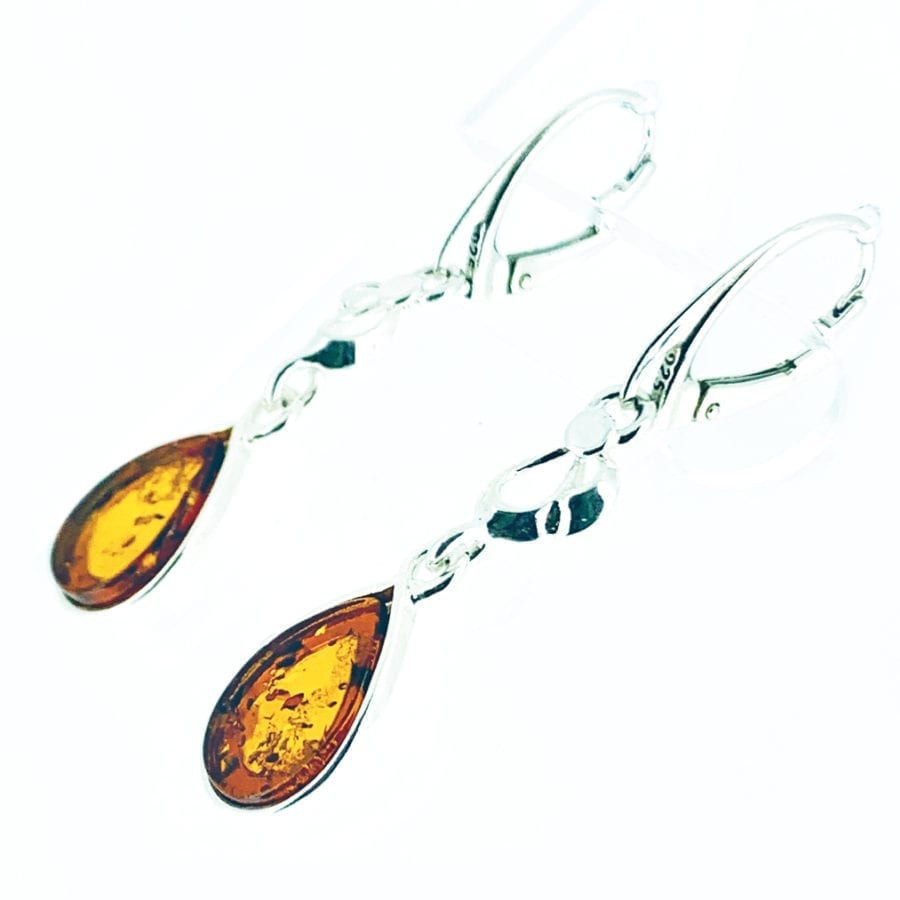 Fancy Flat-Cut Tear-Drop Shape Cognac Amber Dangling Earrings - Image 2