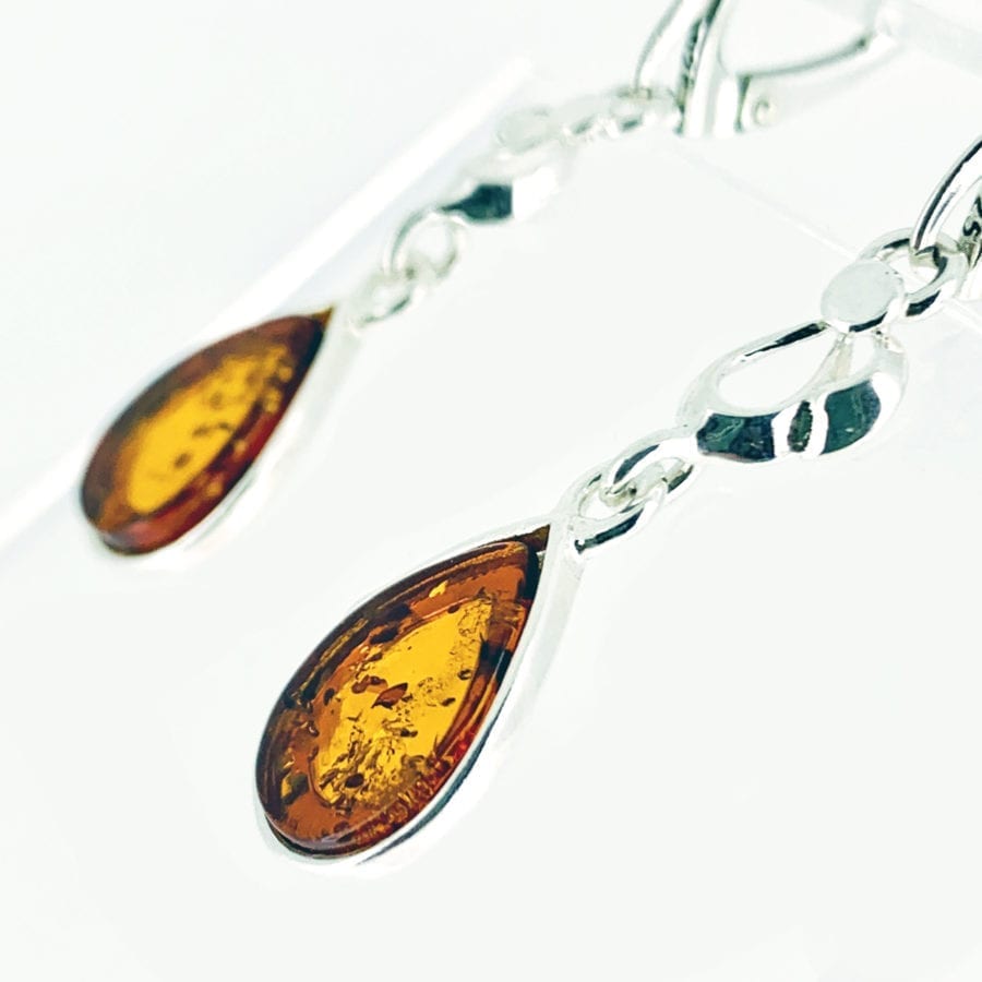 Fancy Flat-Cut Tear-Drop Shape Cognac Amber Dangling Earrings - Image 3