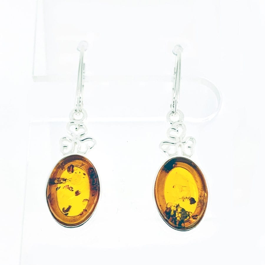 Fancy Flat-Cut Oval Shape Cognac Amber Shamrock Design Dangling Earrings