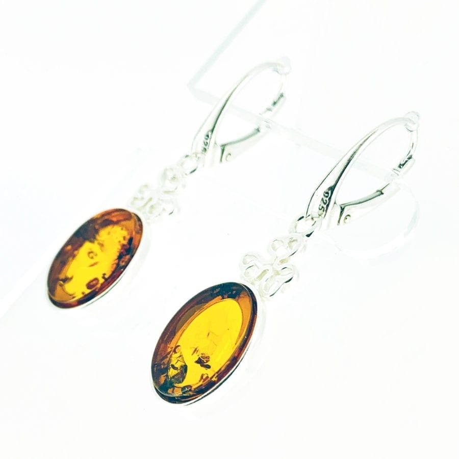 Fancy Flat-Cut Oval Shape Cognac Amber Shamrock Design Dangling Earrings - Image 2