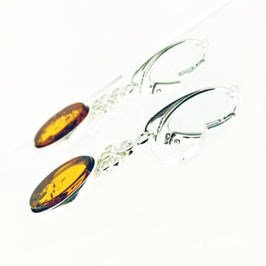 Fancy Flat-Cut Oval Shape Cognac Amber Shamrock Design Dangling Earrings - Image 3