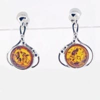 Round Shape Cognac Amber Dangling Earrings