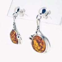 Round Shape Cognac Amber Dangling Earrings
