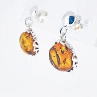 Round Shape Cognac amber Dangling Earrings