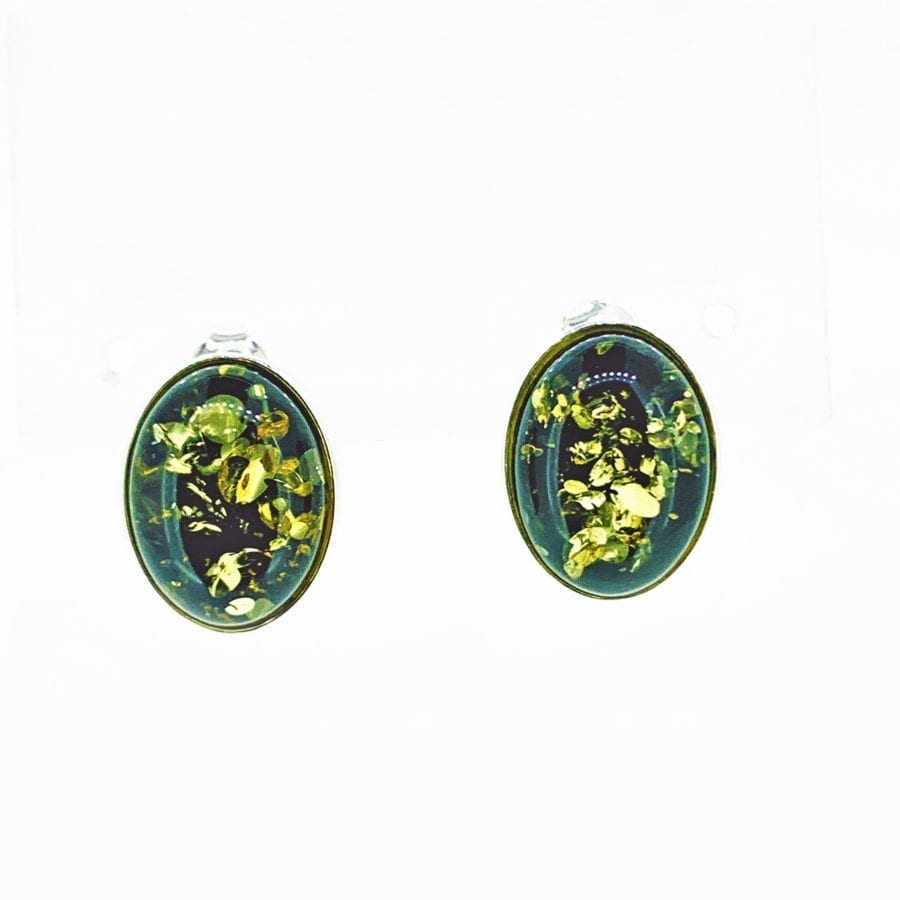 16 x 12 mm Green Amber Set In Sterling Silver Post Earrings
