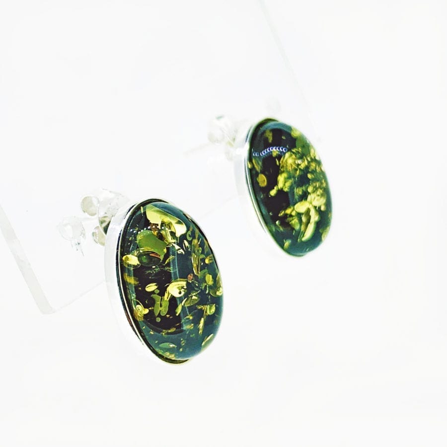 16 x 12 mm Green Amber Set In Sterling Silver Post Earrings - Image 2