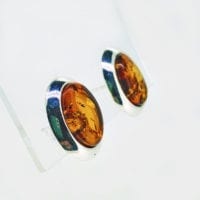 14 x 10 mm Oval Cognac Amber Set In Sterling Silver Stud Earrings
