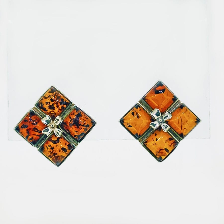 Cognac Amber Set In Sterling Silver Post Earrings - Image 3