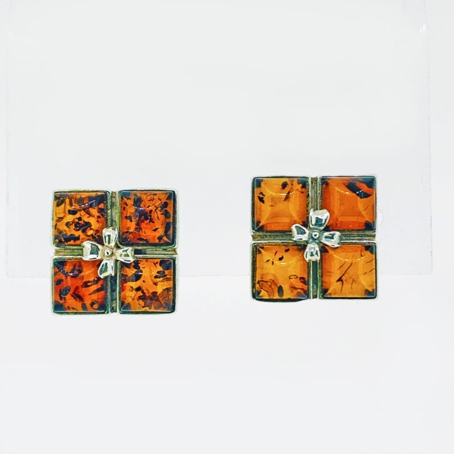 Cognac Amber Set In Sterling Silver Post Earrings
