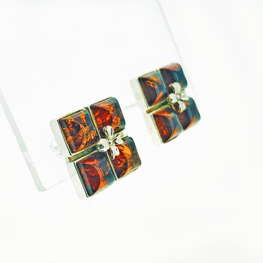 Cognac Amber Set In Sterling Silver Post Earrings - Image 2