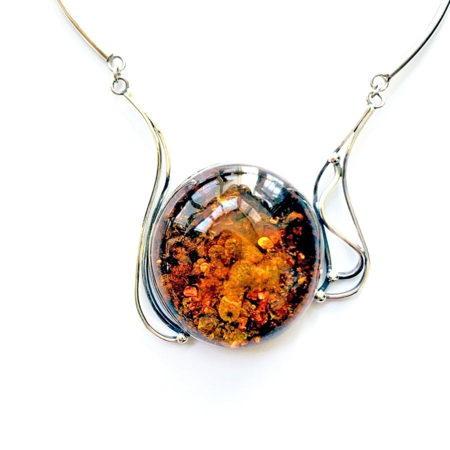 One Of A Kind Large Cognac Amber Set In Sterling Silver Necklace