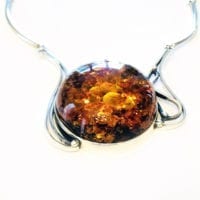 One Of A Kind Large Cognac Amber Set In Sterling Silver Necklace