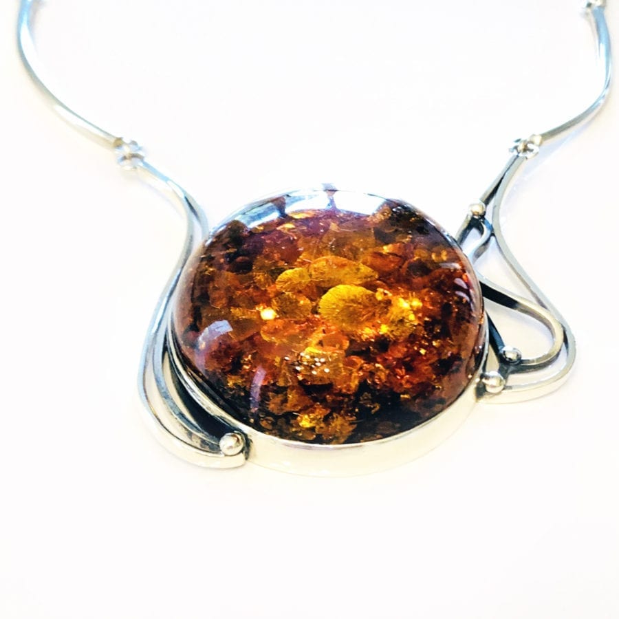 One Of A Kind Large Cognac Amber Set In Sterling Silver Necklace - Image 3
