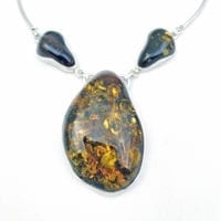 3-Stone Natural Greenish Cognac Amber Necklace