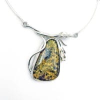 Green Amber Set In Sterling Silver Necklace