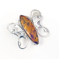 Hand-Crafted Cognac Amber Set In Sterling Silver Large Butterfly Pin & Pendant