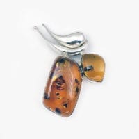 2-Stone Hand-Crafted Cognac Amber Set In Sterling Silver Brooch