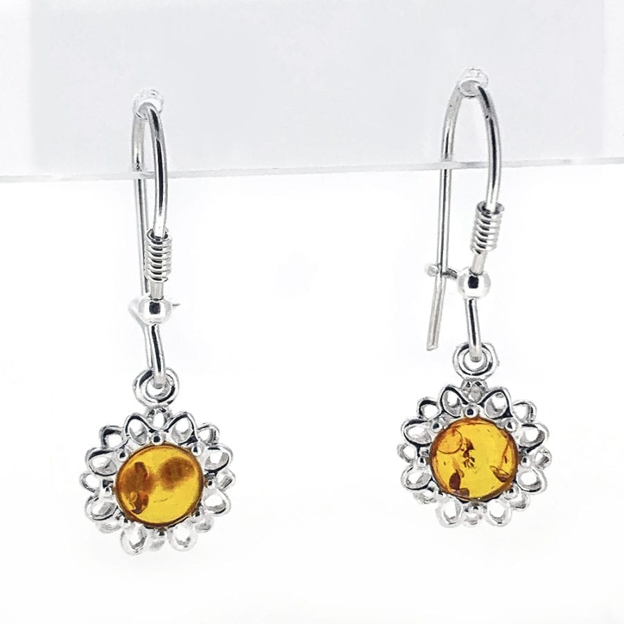 Cognac Amber Dangling Earrings Set In Sterling Silver