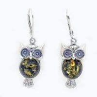 Green Amber Owl Design Dangling Earrings