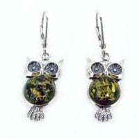 Green Amber Owl Design Dangling Earrings