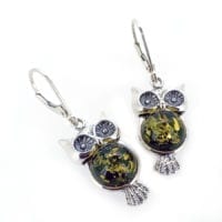 Green Amber Owl Design Dangling Earrings