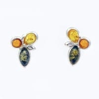 3-Stone Multi-Color Amber Set In Sterling Silver Post Earrings