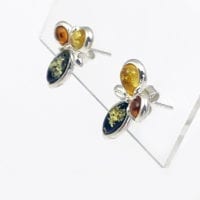 3-Stone Multi-Color Amber Set In Sterling Silver Post Earrings