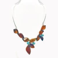 Cognac Amber and Turquoise Set In Sterling Silver Statement Necklace