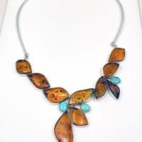 Cognac Amber and Turquoise Set In Sterling Silver Statement Necklace