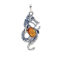 Cognac Amber Set In Oxidized Sterling Silver Dragon Pendant