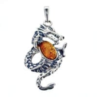 Cognac Amber Set In Oxidized Sterling Silver Dragon Pendant