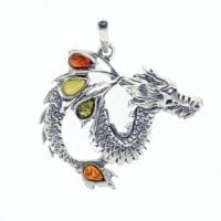 4-Stone Multi-Color Amber Set In Oxidized Sterling Silver Dragon Pendant