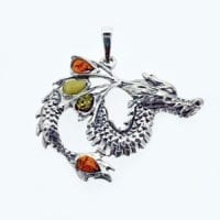 4-Stone Multi-Color Amber Set In Oxidized Sterling Silver Dragon Pendant