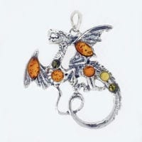 7-Stone Multi-Color Amber Set In Oxidized Sterling Silver Dragon Pendant
