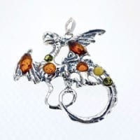 7-Stone Multi-Color Amber Set In Oxidized Sterling Silver Dragon Pendant