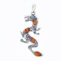 4-Stone Multi-Color Amber Set In Oxidized Sterling Silver Dragon Pendant