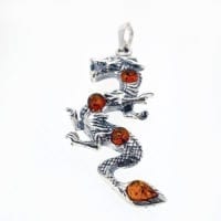 4-Stone Multi-Color Amber Set In Oxidized Sterling Silver Dragon Pendant