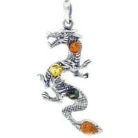 4-Stone Multi-Color Amber Set In Oxidized Sterling Silver Dragon Pendant