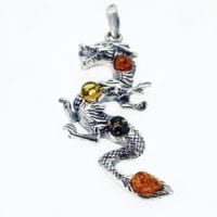 4-Stone Multi-Color Amber Set In Oxidized Sterling Silver Dragon Pendant