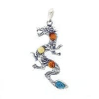 4-Stone Multi-Color Amber Set In Oxidized Sterling Silver Dragon Pendant