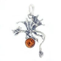 Cognac Amber Set In Oxidized Sterling Silver Dragon Pendant