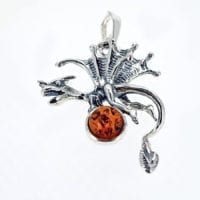 Cognac Amber Set In Oxidized Sterling Silver Dragon Pendant